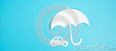 Umbrella cover Car paper on blue background. Warranty, Maintenance, Vehicle and insurance concept Stock Photo