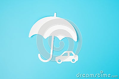 Umbrella cover Car paper on blue background. Warranty, Maintenance, Vehicle and insurance concept Stock Photo