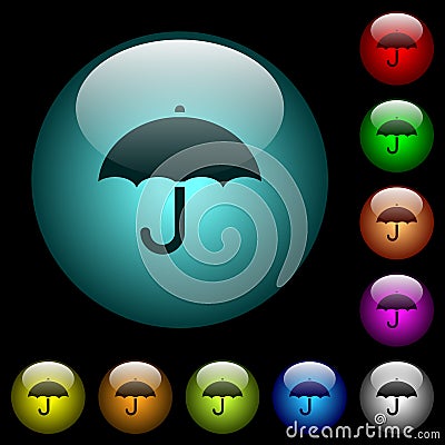 Umbrella icons in color illuminated glass buttons Stock Photo