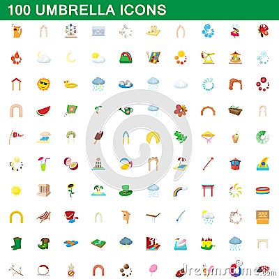 100 umbrella icons set, cartoon style Vector Illustration