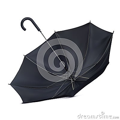 The umbrella lies upside down on the surface. Black classic umbrella cane. Cartoon Illustration