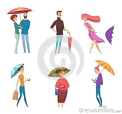 Umbrella people. Depressed characters in raining day holding and walking with umbrellas vector adults Vector Illustration
