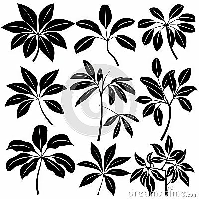 Umbrella Plant (Schefflera Arboricola), Pot Plant Flat Icon Set, Umbrella Plant Flat Design Stock Photo