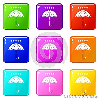 Umbrella and rain drops icons 9 set Vector Illustration