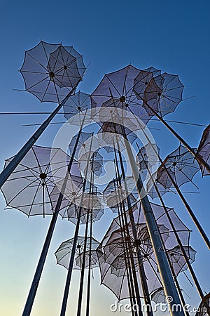 Umbrella sculpture on the promenade of Thessaloniki in the sunset Editorial Stock Photo