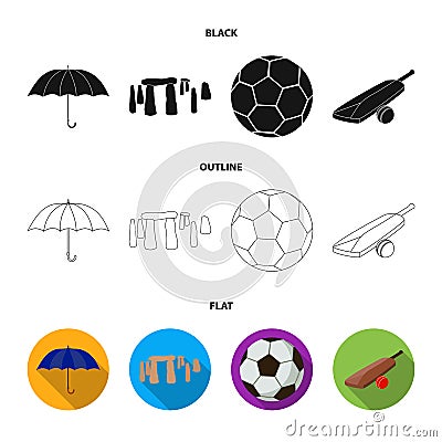 Umbrella, stone, ball, cricket .England country set collection icons in black,flat,outline style vector symbol stock Vector Illustration