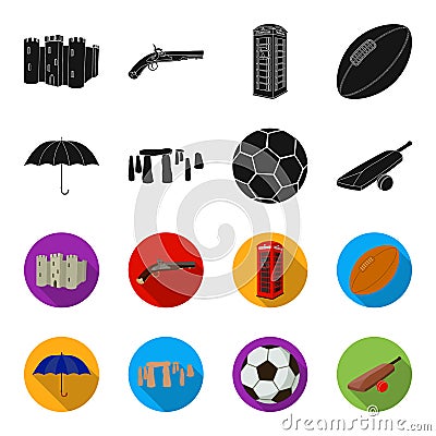 Umbrella, stone, ball, cricket .England country set collection icons in black,flet style vector symbol stock Vector Illustration