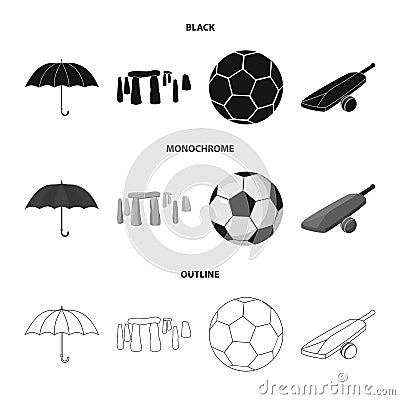 Umbrella, stone, ball, cricket .England country set collection icons in black,monochrome,outline style vector symbol Vector Illustration