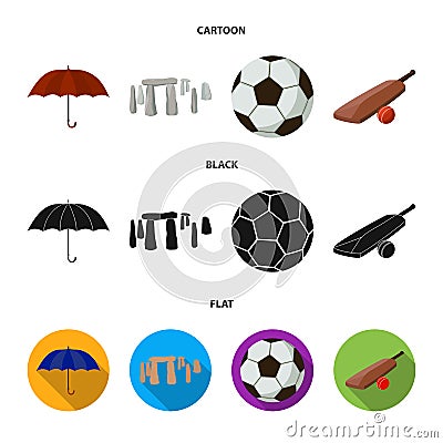 Umbrella, stone, ball, cricket .England country set collection icons in cartoon,black,flat style vector symbol stock Vector Illustration