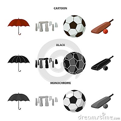 Umbrella, stone, ball, cricket .England country set collection icons in cartoon,black,monochrome style vector symbol Vector Illustration