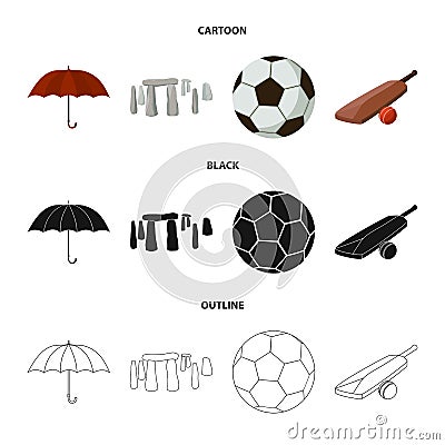 Umbrella, stone, ball, cricket .England country set collection icons in cartoon,black,outline style vector symbol stock Vector Illustration