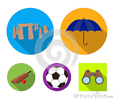 Umbrella, stone, ball, cricket .England country set collection icons in flat style vector symbol stock illustration web. Vector Illustration