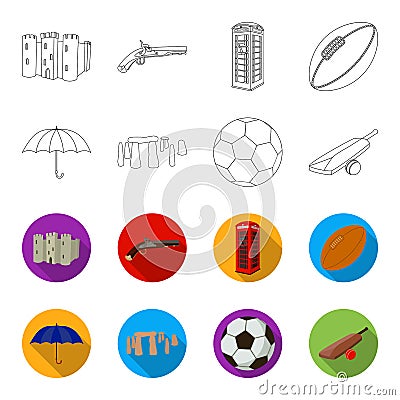 Umbrella, stone, ball, cricket .England country set collection icons in outline,flet style vector symbol stock Vector Illustration