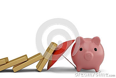 Umbrella stopping the domino effect and protect piggy bank. 3D i Cartoon Illustration