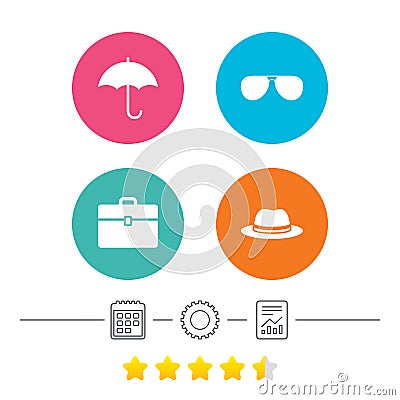 Umbrella, sunglasses and hat with case. Vector Illustration