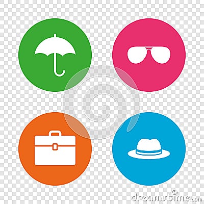 Umbrella, sunglasses and hat with case. Vector Illustration