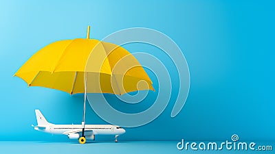 The umbrella and toy plane represent travel insurance, safeguard trips like a shields from rain Stock Photo