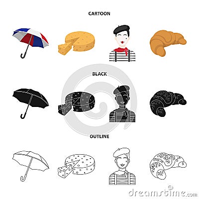 Umbrella, traditional, cheese, mime .France country set collection icons in cartoon,black,outline style vector symbol Vector Illustration