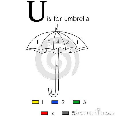 Umbrella. Vector alphabet letter U, colouring page Cartoon Illustration