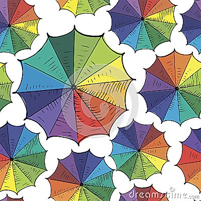 Umbrellas background. Seamless vector pattern, hand drawn rainbow colored umbrellas without background. Wallpaper Vector Illustration
