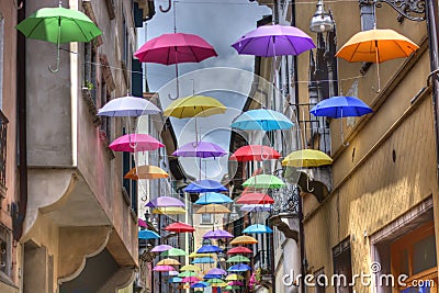 umbrellas colored like the rainbow Editorial Stock Photo