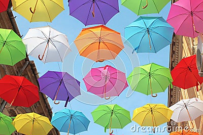 Umbrellas colorful Street decoration - pedestrian street in Arad, Romania Stock Photo