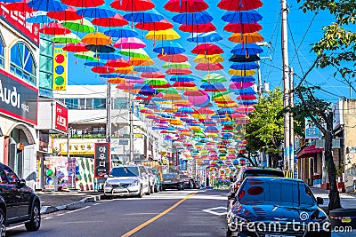 Umbrellas in primary colors Editorial Stock Photo
