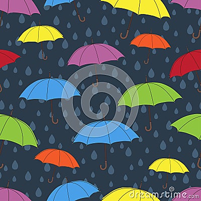 Umbrellas seamless pattern, vector background. Multicolored bright umbrellas and raindrops on a dark blue background Vector Illustration