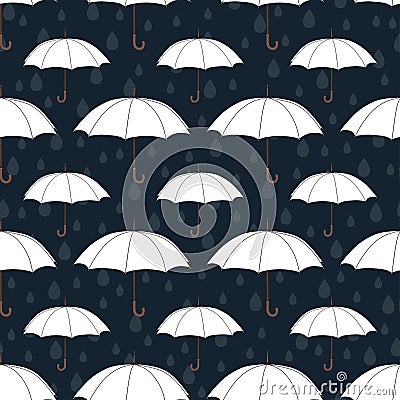 Umbrellas seamless pattern, vector background. White umbrellas and raindrops on a dark blue background. For wallpaper design, wrap Vector Illustration