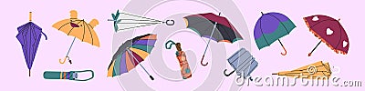 Umbrellas set. Different types of parasols: straight gamp, folded brolly. Automatic foldable canopy. Open and closed Vector Illustration