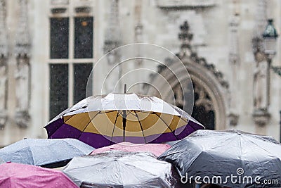Umbrellas of a tourist group Stock Photo