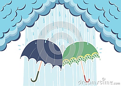 Umbrellas under raining clouds Vector Illustration