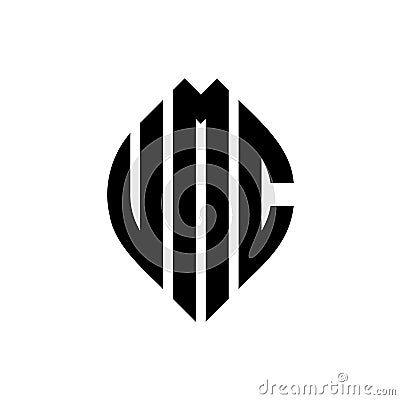 UMC circle letter logo design with circle and ellipse shape. UMC ellipse letters with typographic style. The three initials form a Vector Illustration