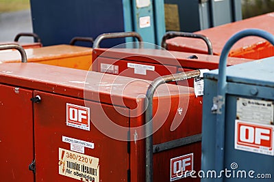 Lots of sheet metal boxes to supply high current and volts to exhibitors at the fair Editorial Stock Photo