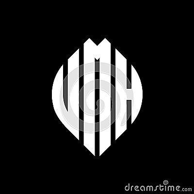 UMH circle letter logo design with circle and ellipse shape. UMH ellipse letters with typographic style. The three initials form a Vector Illustration