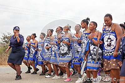 Umhlanga Reed Dance ceremony, annual traditional national rite, one of eight days celebration, young virgin girls with big knives Editorial Stock Photo