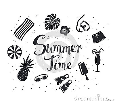 Ummer time background with decorative silhouettes: snorkeling mask, pineapple, beach umbrella, towel, exotic cocktail Vector Illustration