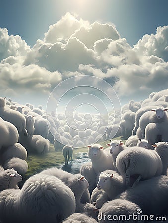 Un Ciel Avec Des Moutons Qui Tombent, A Group Of Sheep In A Field Stock Photo