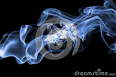 UN smoke flag, United Nations flag isolated on a black background Editorial Stock Photo