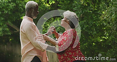 Una coppia afro-americana che trascorre del tempo insieme ballando nel giardino socialmente distante in q video d archivio Una coppia afro-americana che trascorre del tempo insieme ballando nel giardino socialmente distante in q video d archivio