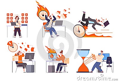 Unability of planning. Unable tasks inefficient plan time work, fail projects lazy people on computer stressful process Vector Illustration