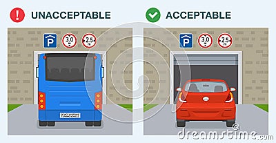 Unacceptable and acceptable car height, width to enter parking garage. Back view of a bus and sedan car entering the garage. Vector Illustration