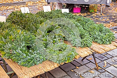 Unadorned advent wreaths for sale on a market Stock Photo