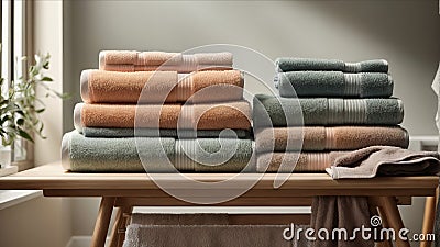 unadorned towel rack holding neatly folded plush towels Generative AI Stock Photo