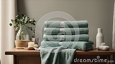 unadorned towel rack holding neatly folded plush towels Generative AI Stock Photo