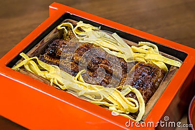 Unagi don - Grill eel rice in red box Stock Photo