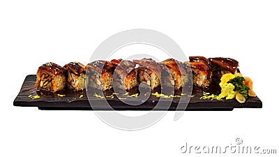 Unagi roll. Japanese eel sushi roll set on wooden ceramic plate.Traditional dinning of Japanese cui Stock Photo