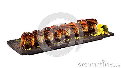 Unagi roll. Japanese eel sushi roll set on wooden ceramic plate.Traditional dinning of Japanese cui Stock Photo