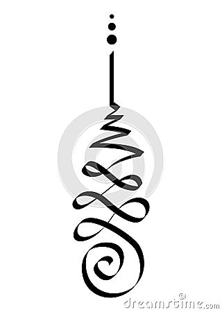Unalome symbol, Hindu or Buddhist sign representing path to enlightenment. Yantras Tattoo icon. Simple black and white ink drawing Vector Illustration