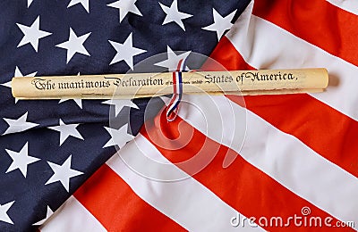 The unanimous declaration document. Fourth of July Day. Declaration of Independence parchment roll with US flag Stock Photo